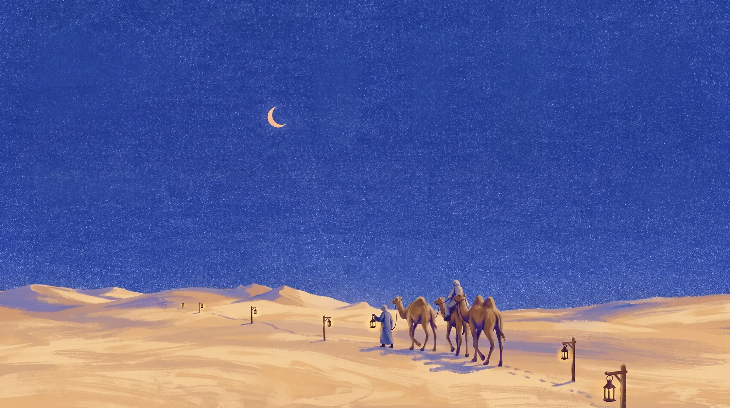 Pintura de uma caravana de camelos atravessando dunas à noite por uma trilha de pequenas lanternas, sob um céu cobalto e uma lua crescente