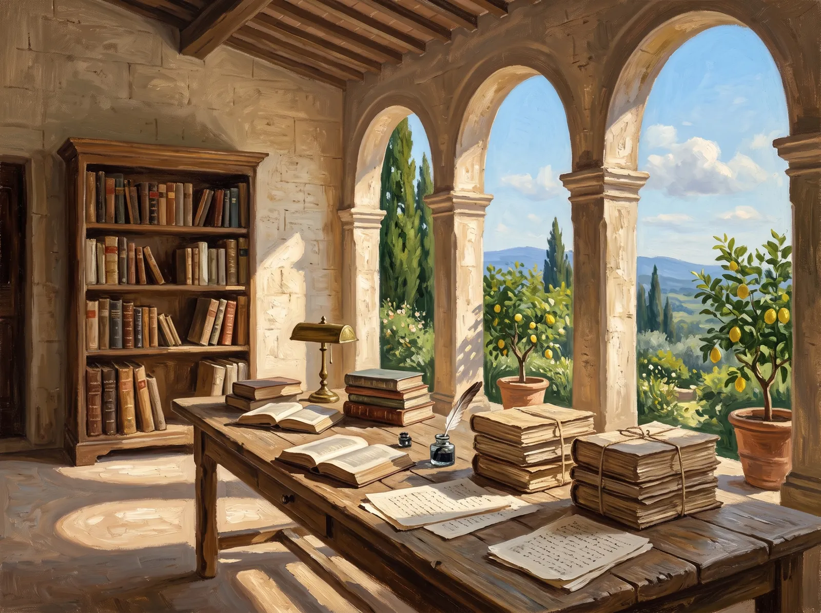 Pintura a óleo de um escritório ensolarado dentro de uma loggia: uma longa mesa de carvalho com livros abertos e maços de manuscritos, arcos que se abrem para limoeiros e ciprestes.