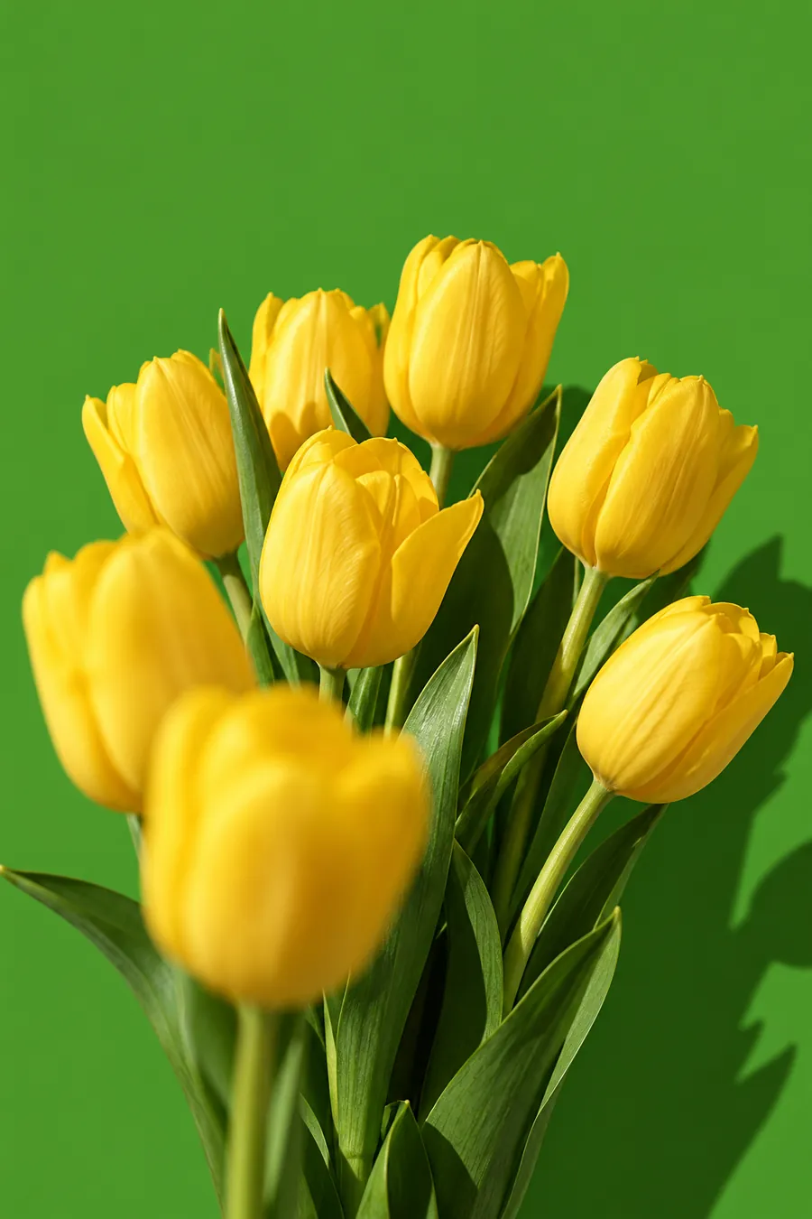 Um buquê de tulipas amarelas contra um fundo verde-grama