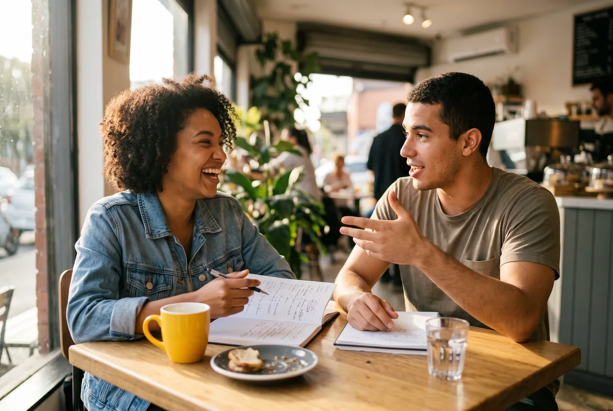 Dois amigos conversando em inglês num café