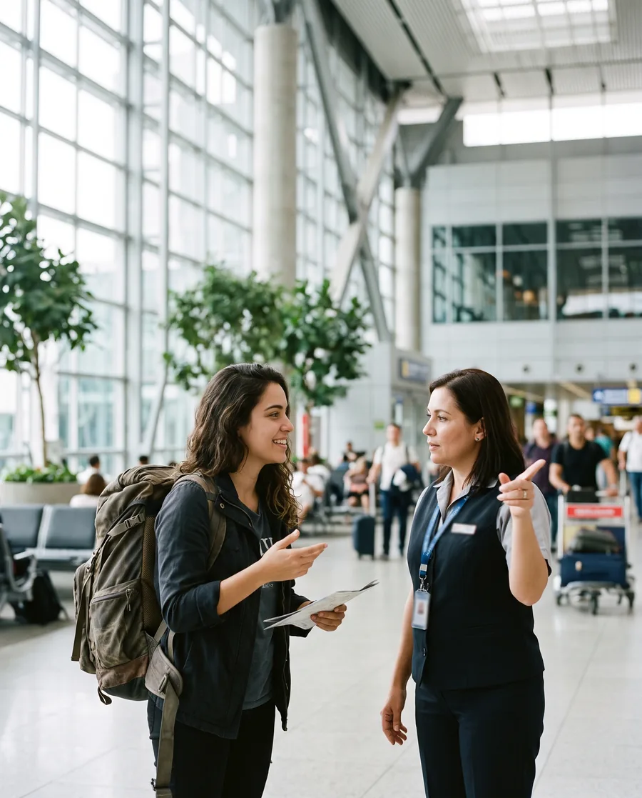 Viajante pedindo informação num aeroporto