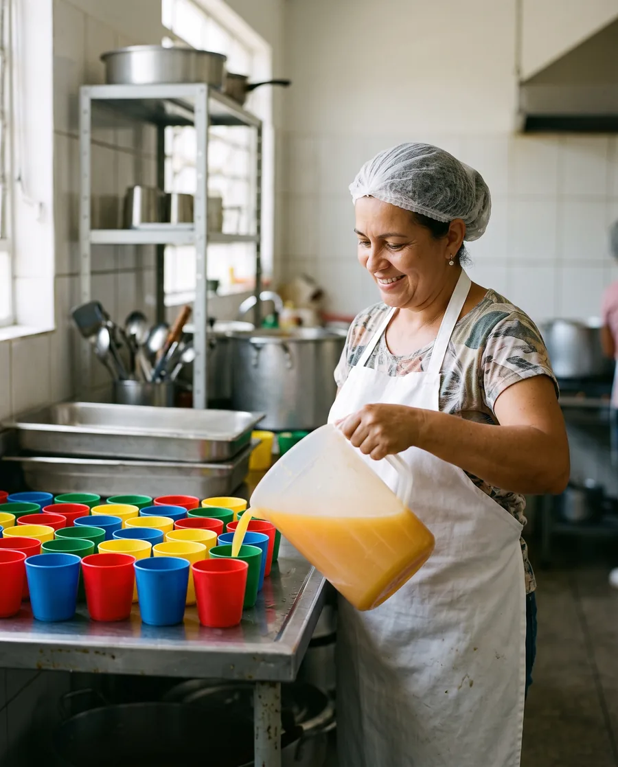 Merendeira servindo suco em copos coloridos