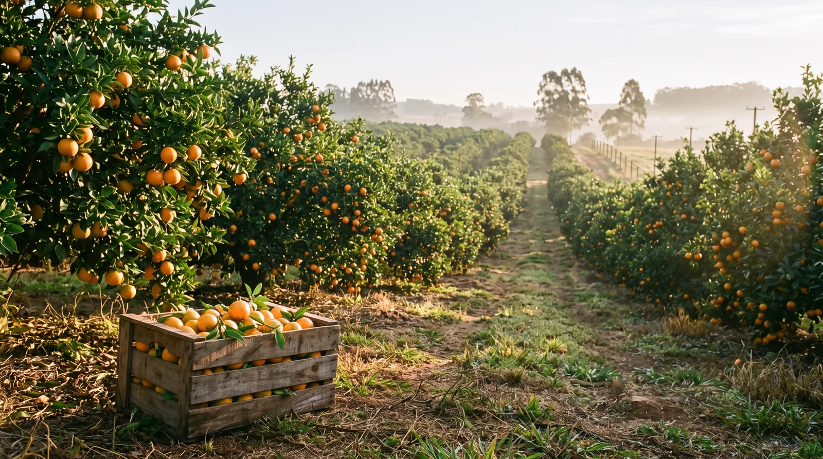 Pomar de laranjas ao amanhecer com uma caixa de frutas