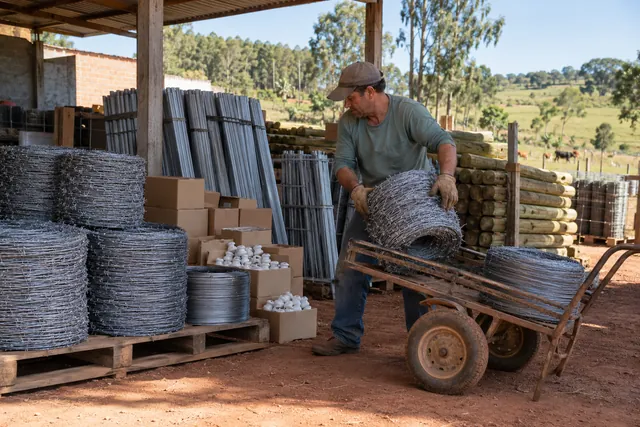 Rolos de arame, estacas de aço e mourões de eucalipto no pátio da loja, com um funcionário levantando um rolo.