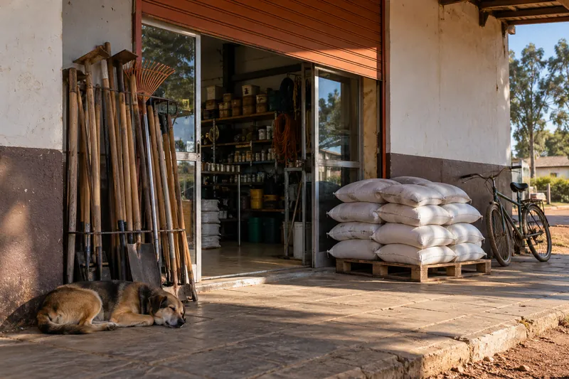 Entrada da loja, com ferramentas encostadas na parede, sacos sobre um palete, uma bicicleta e um cachorro dormindo na calçada à sombra.
