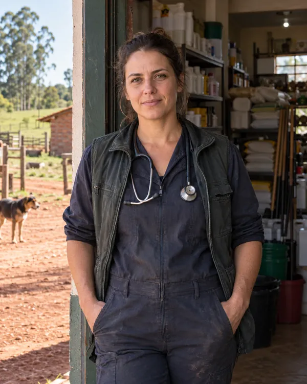 Retrato da Mirela Dalmolin, médica veterinária, de macacão de trabalho e estetoscópio no pescoço, na porta da loja.