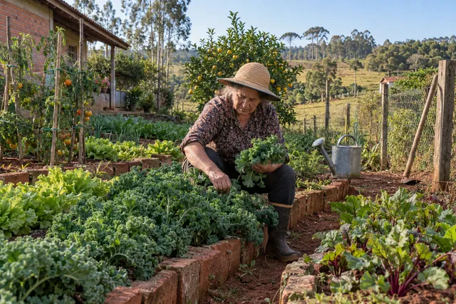 Uma senhora de chapéu de palha colhendo couve numa horta de quintal com canteiros de tijolo.