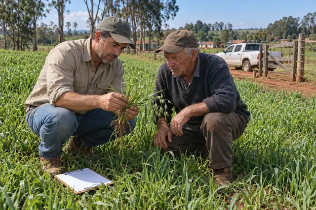 O técnico agrícola agachado numa pastagem de aveia e azevém, mostrando uma planta a um produtor, com uma caminhonete branca ao fundo.