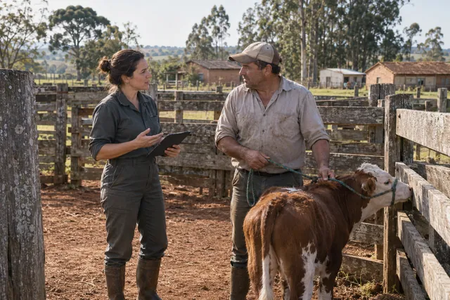 A veterinária conversando com um produtor numa mangueira de madeira, com um bezerro encostado na cerca.