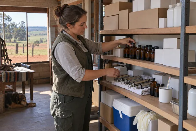 A veterinária arrumando a prateleira de produtos veterinários, com caixas lisas, frascos e seringas.