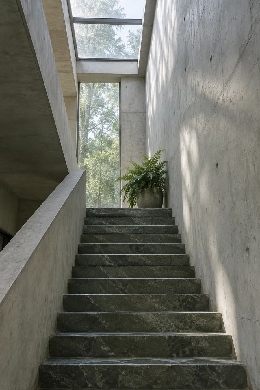 Uma escada de pedra subindo em direção a uma claraboia dentro de um prédio de concreto