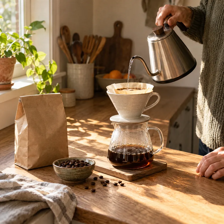 Café coado sendo preparado num balcão de carvalho ao sol da manhã