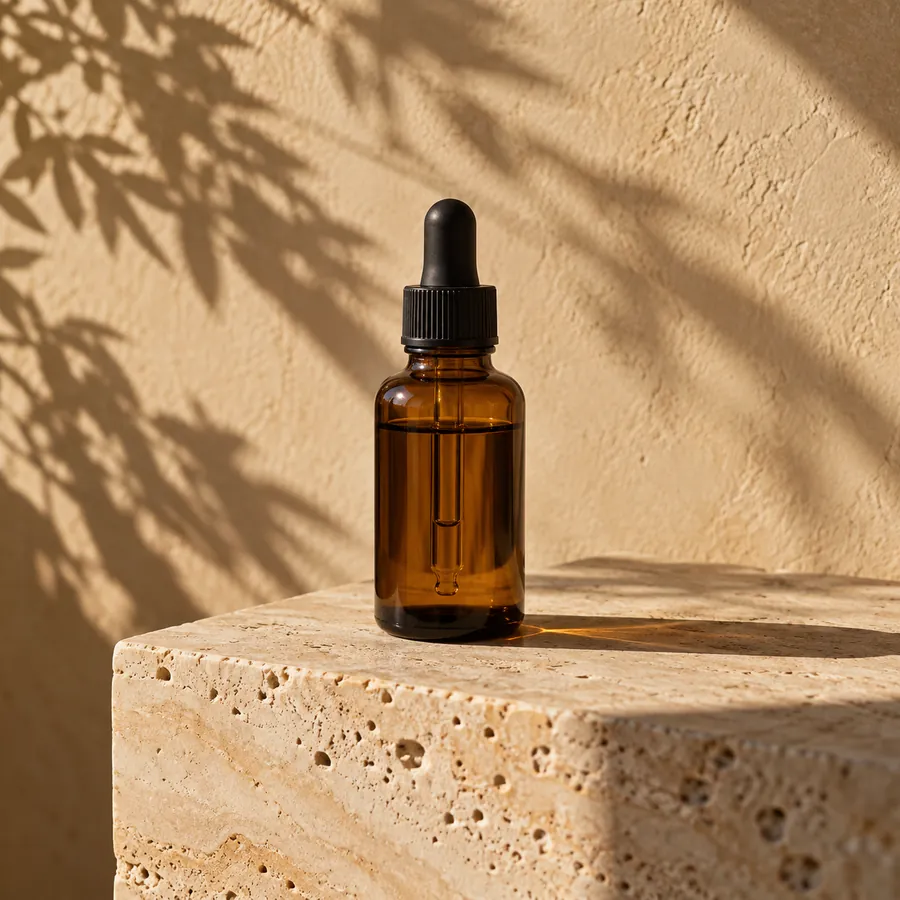 Frasco âmbar de sérum sobre travertino sob sol forte da tarde