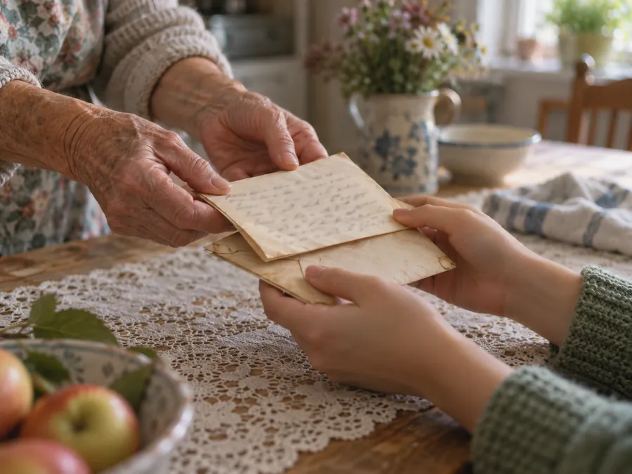 Mãos de uma avó entregando uma carta antiga para a neta
