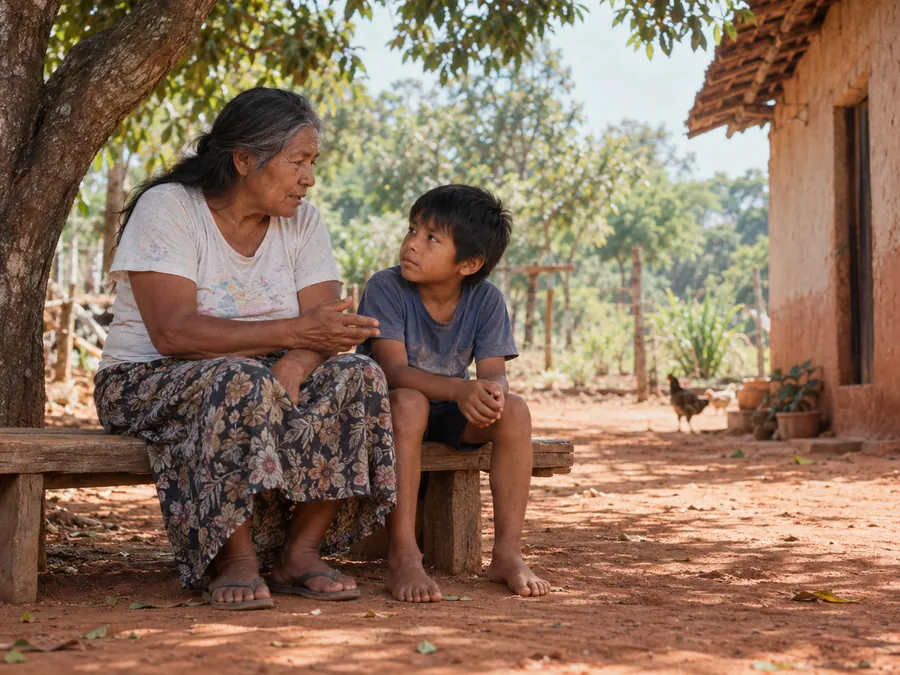 Avó guarani conversando com o neto à sombra de uma árvore