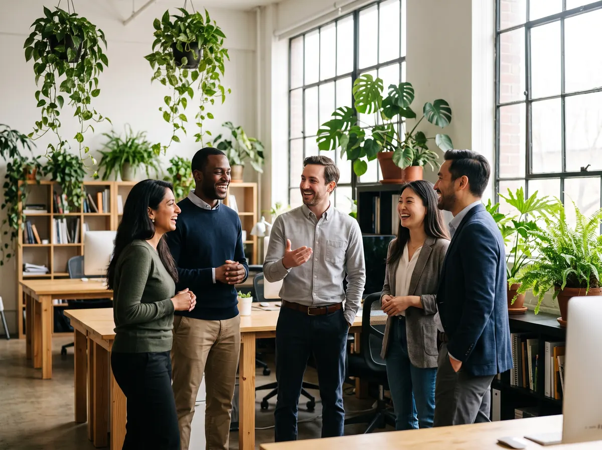 A team laughing during a stand-up in a bright office full of plants