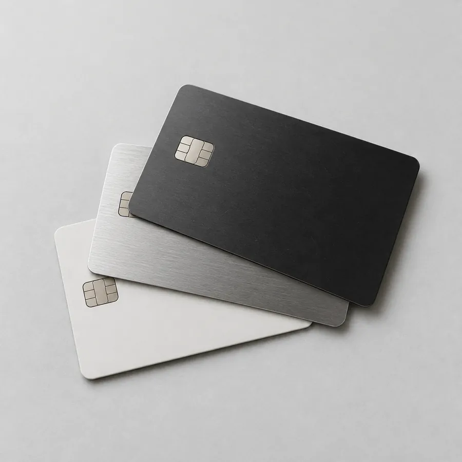 Three metal Abacus cards in graphite, silver and white on a grey surface