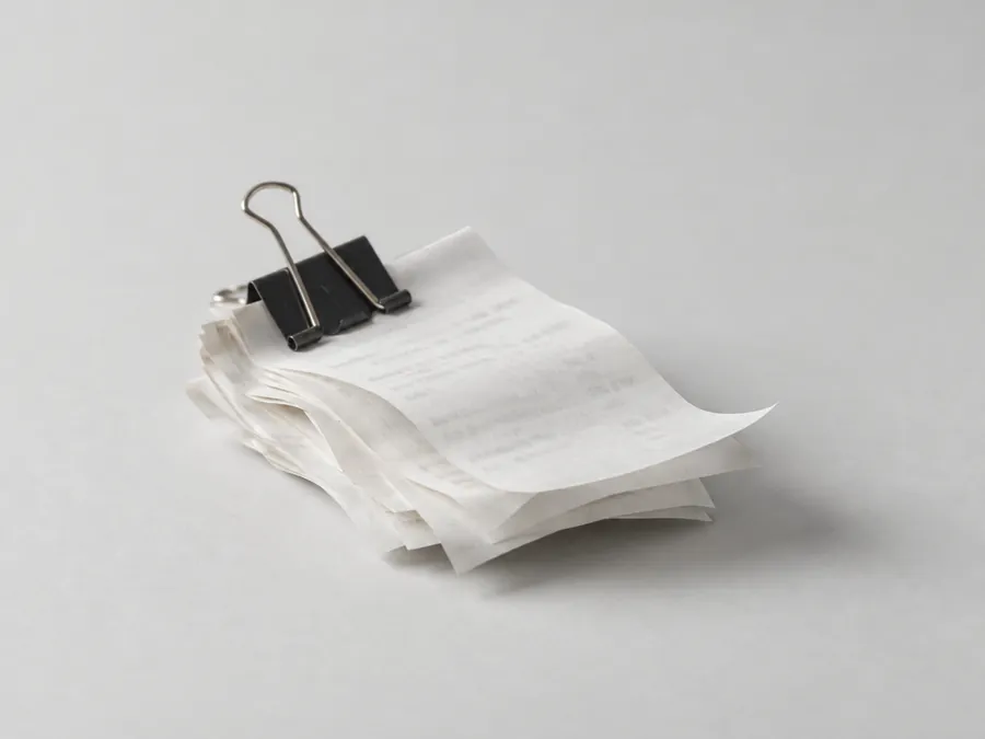 A clipped stack of paper receipts on a grey surface