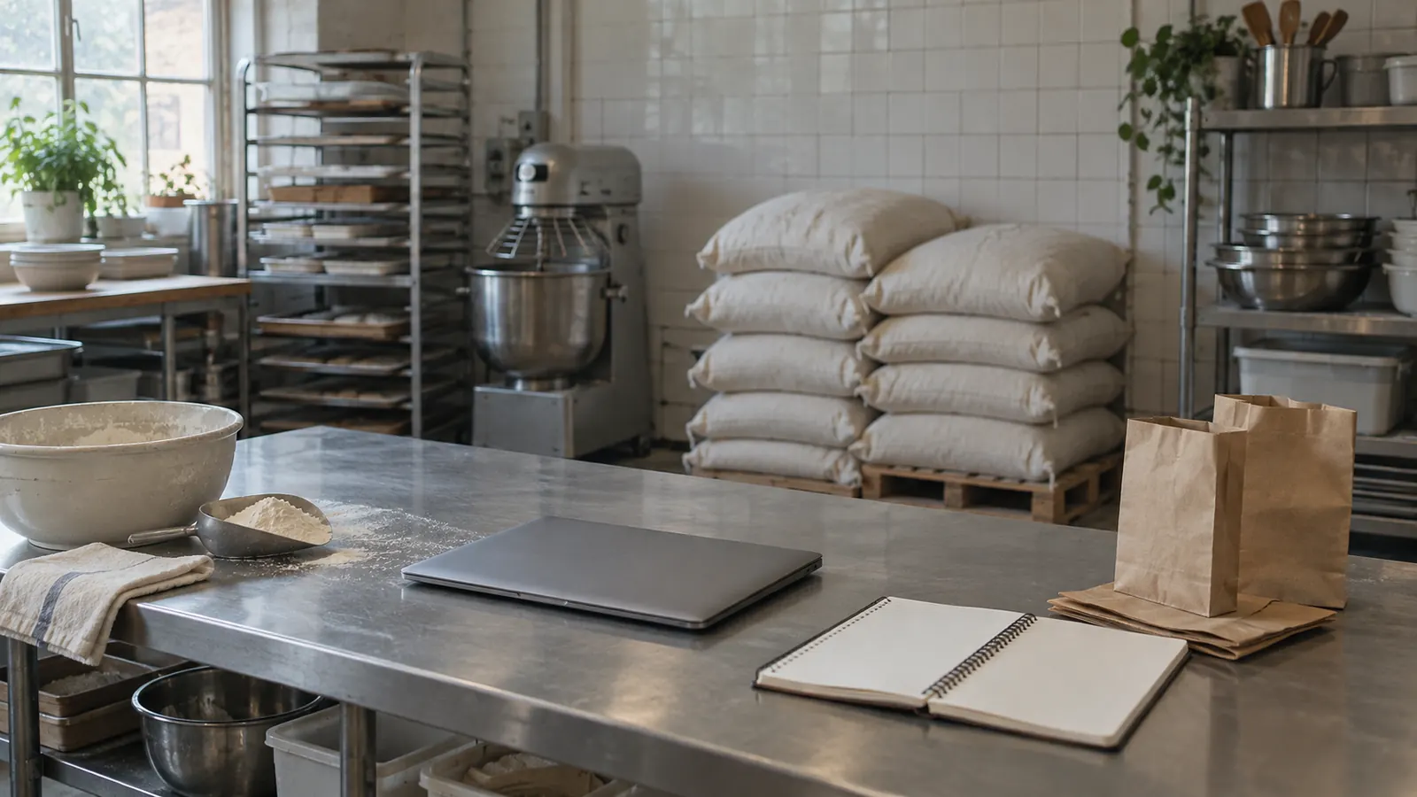 The back office of a bakery with a steel table and flour sacks