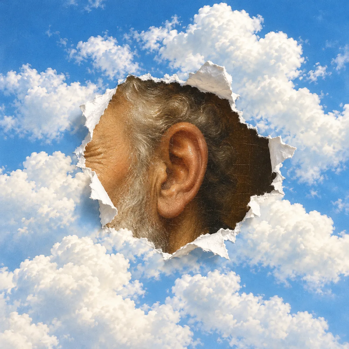 A tear in the sky showing an old man's ear from a classical oil painting, turned to listen.