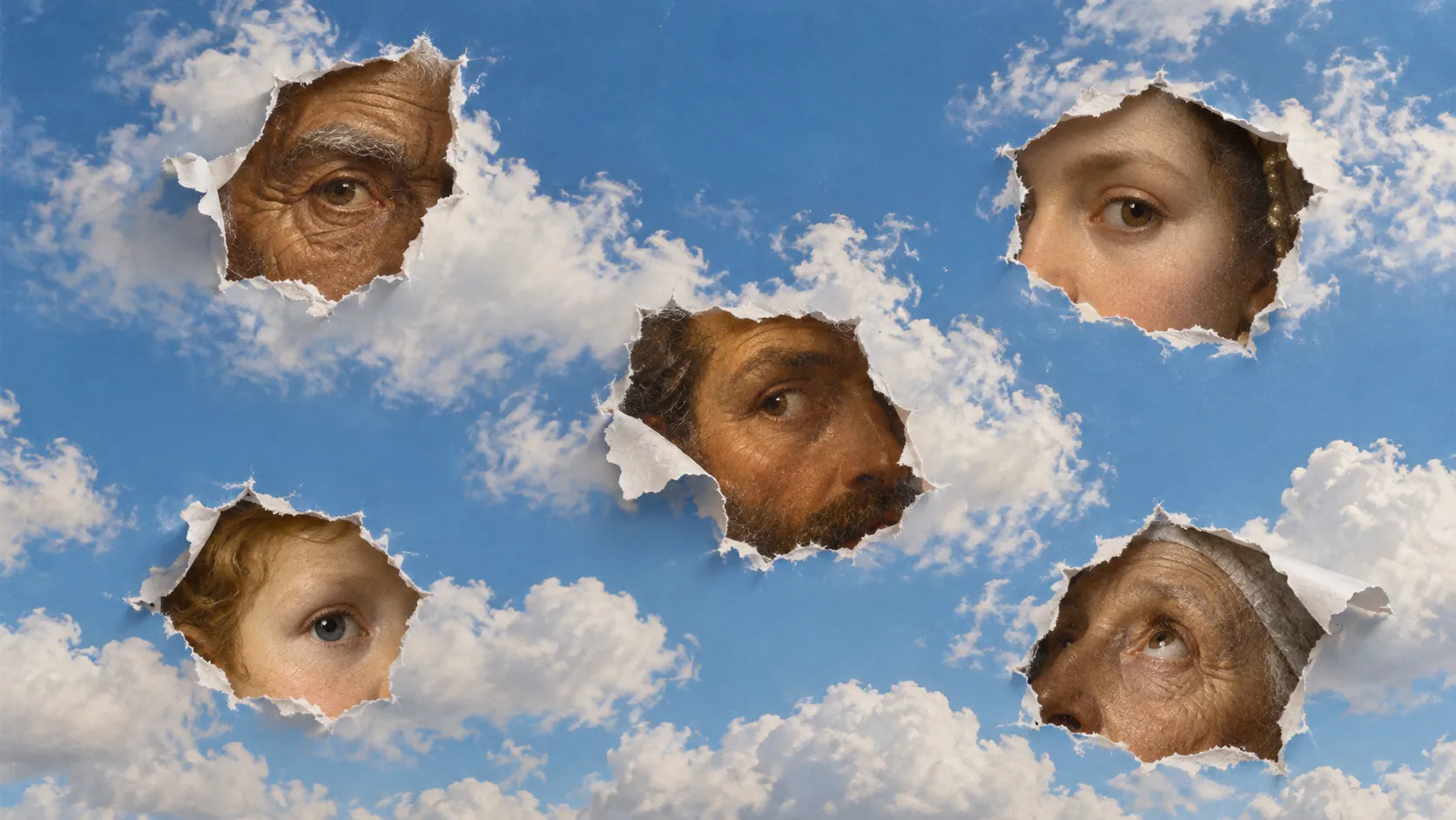A blue sky torn in five places, an eye from a different classical painting looking out of each tear.