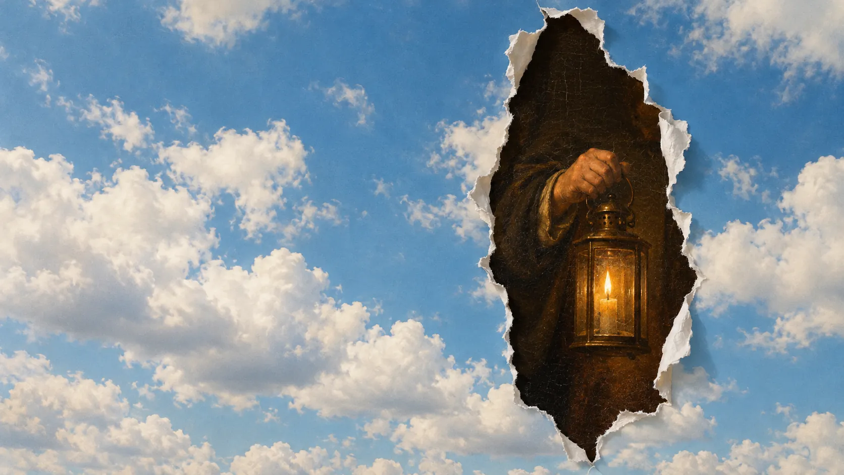 A tall tear in the sky showing a night watchman's hand raising a lantern, from a classical oil painting.