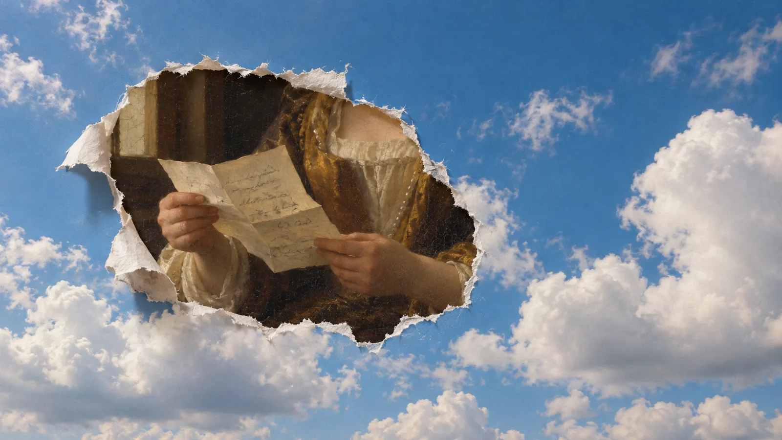 A tear in the sky showing hands holding an opened letter, from a Dutch painting.