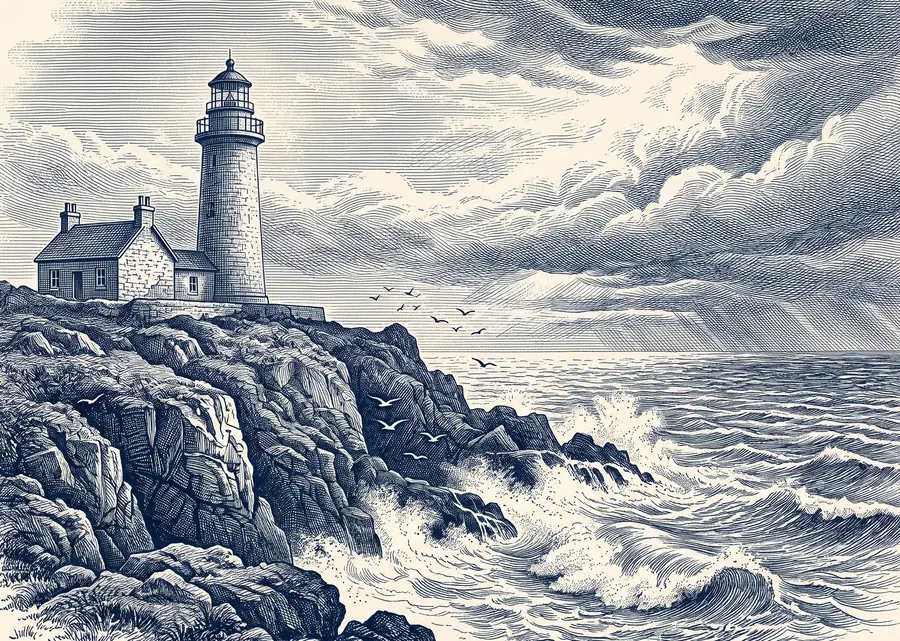 Engraving of a lighthouse on a rocky headland above breaking waves