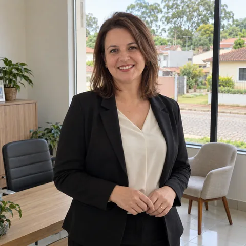 Simone Kliemann, in a light blouse and dark blazer, smiling in front of the office window.