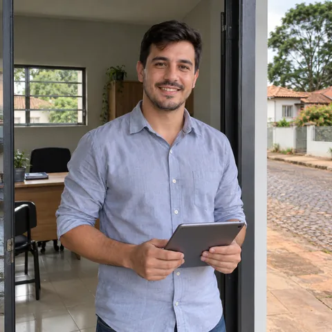 Tiago Hoffmann, in a casual shirt with rolled sleeves, holding a tablet in the office doorway.