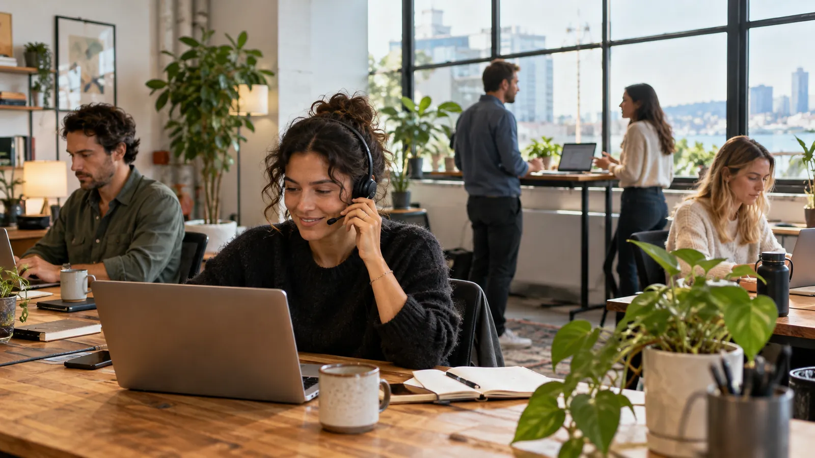 A sales team working at shared desks in a bright office, one rep on a headset call