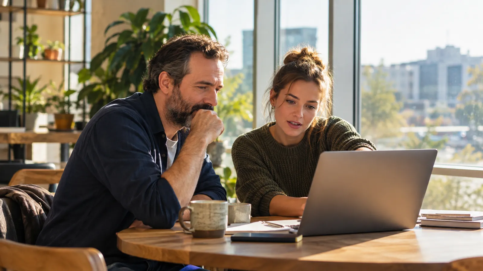 Two colleagues reviewing a laptop together by a window