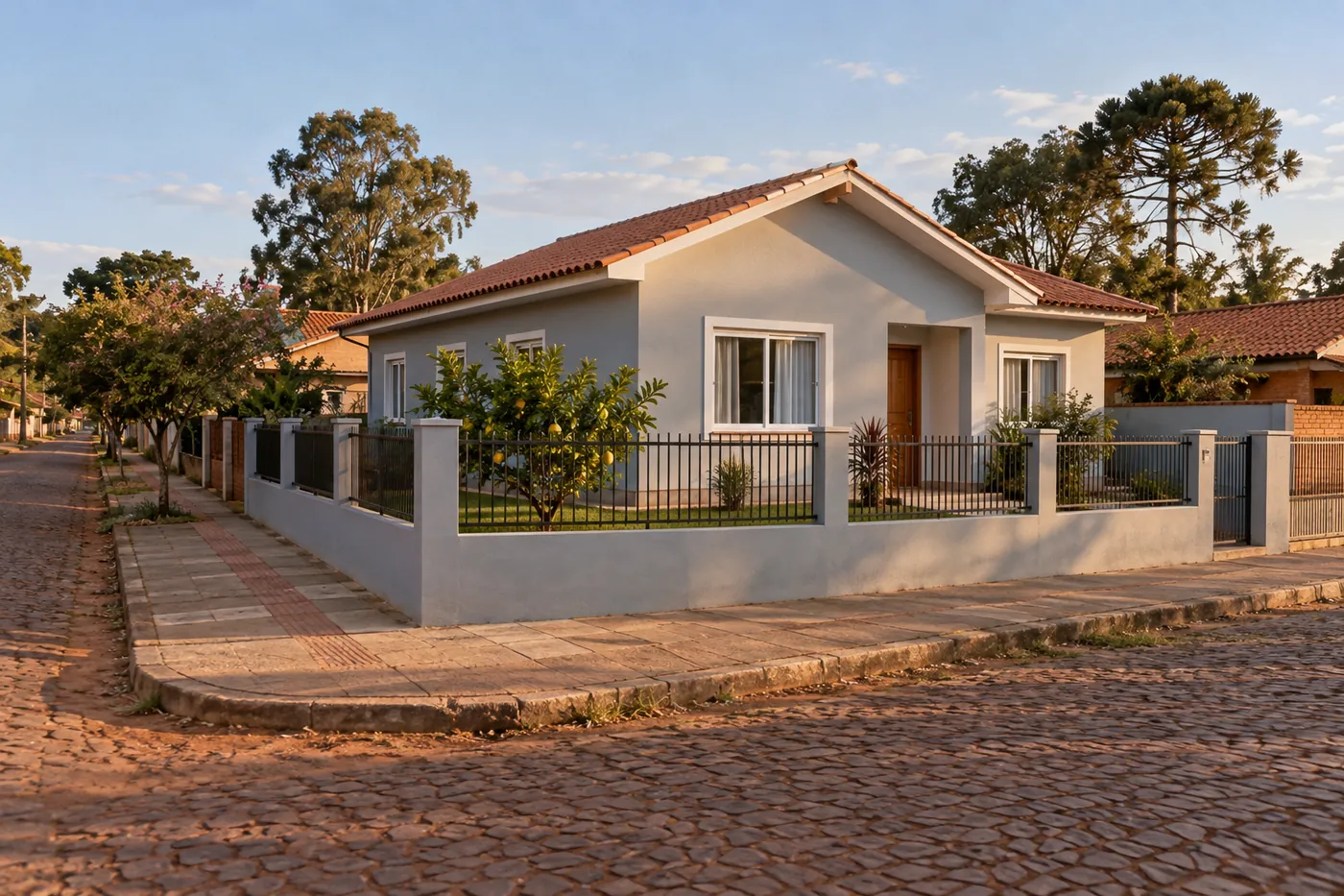 A single-story corner house with blue-grey walls, a side garden, a young lemon tree and a low wall with railings.
