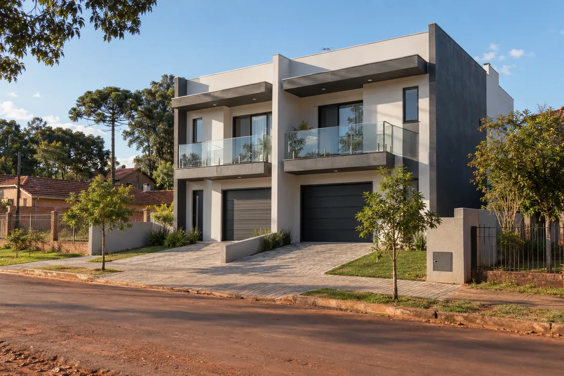 Two semi-detached two-story houses, white and charcoal, with glass balconies and garages.