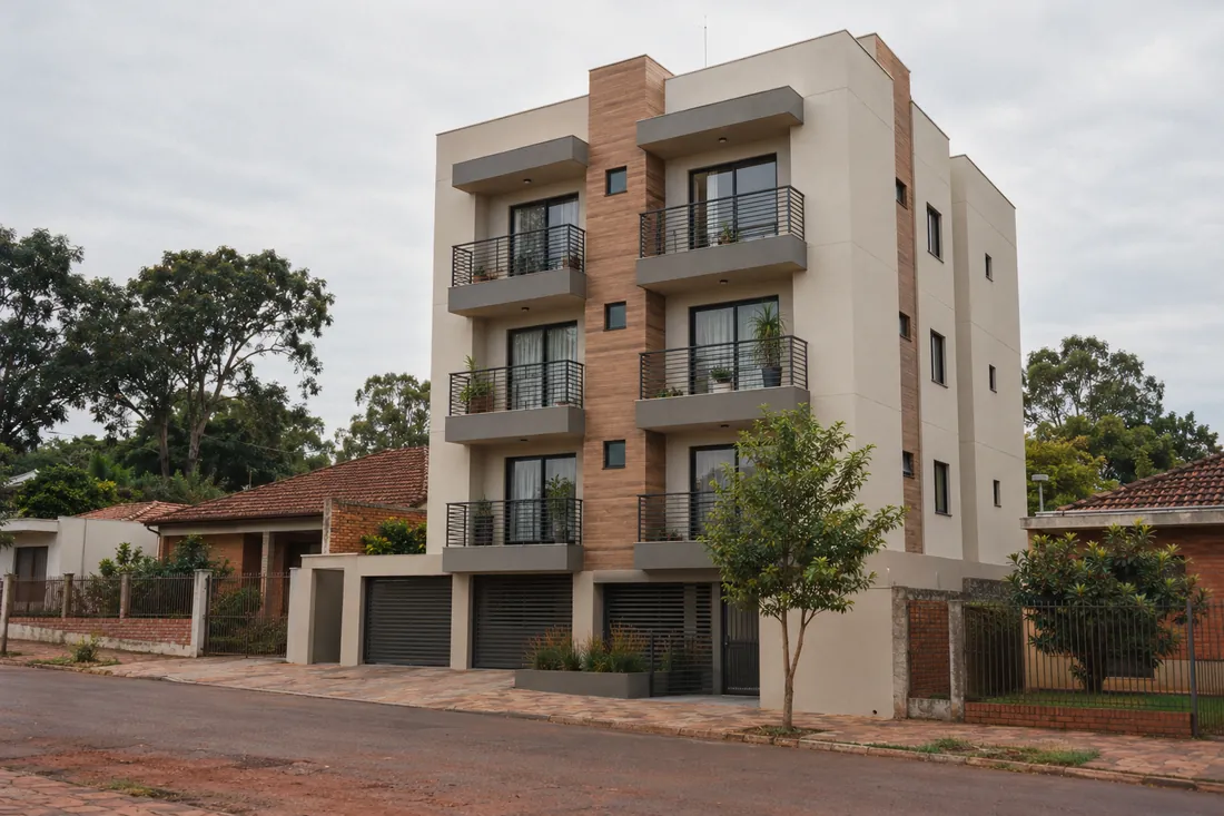 A four-story residential building with a ground-floor garage, balconies and wood-look panels on the stairwell.