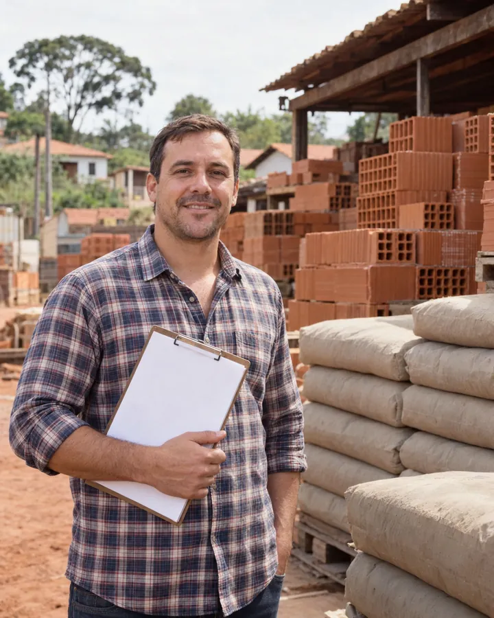 Everton Pires, purchasing, in a checked shirt, with a clipboard in front of stacks of blocks and bags of cement.