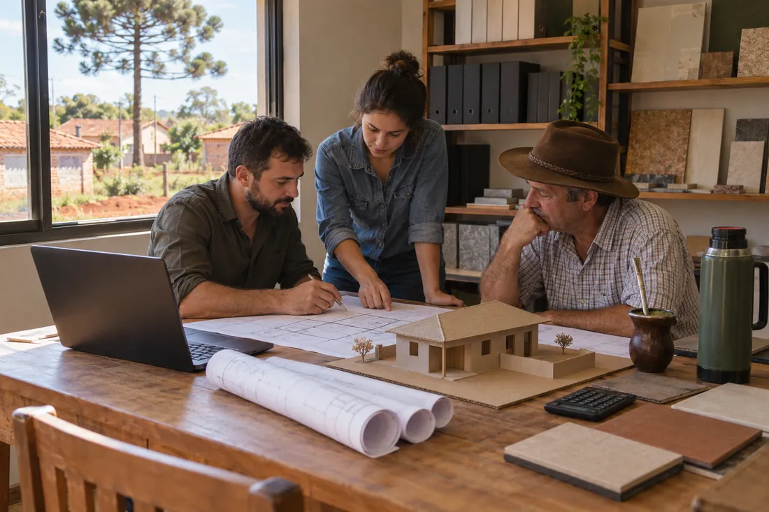 Three team members leaning over a plan on a wooden office table, with a cardboard model of a house and rolled plans, beside the window.