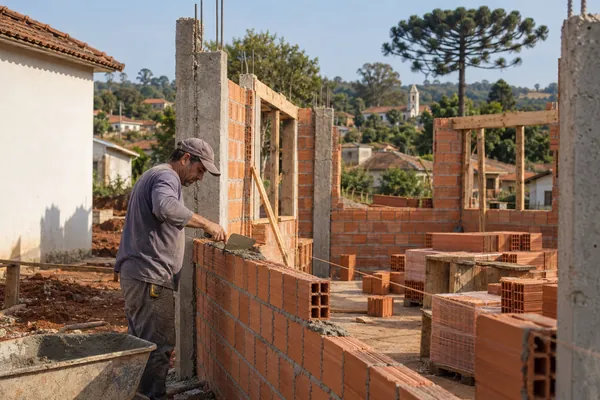 Half-built ceramic block walls, with a bricklayer setting blocks with a trowel.