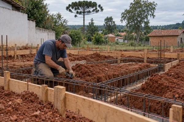 Trenches with tied rebar and a worker in a cap twisting the wire.