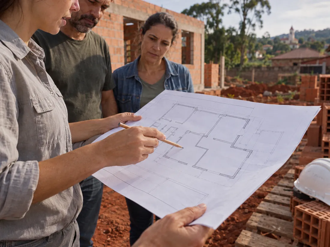 Hands hold a printed plan on site while an engineer points at a room for two people.