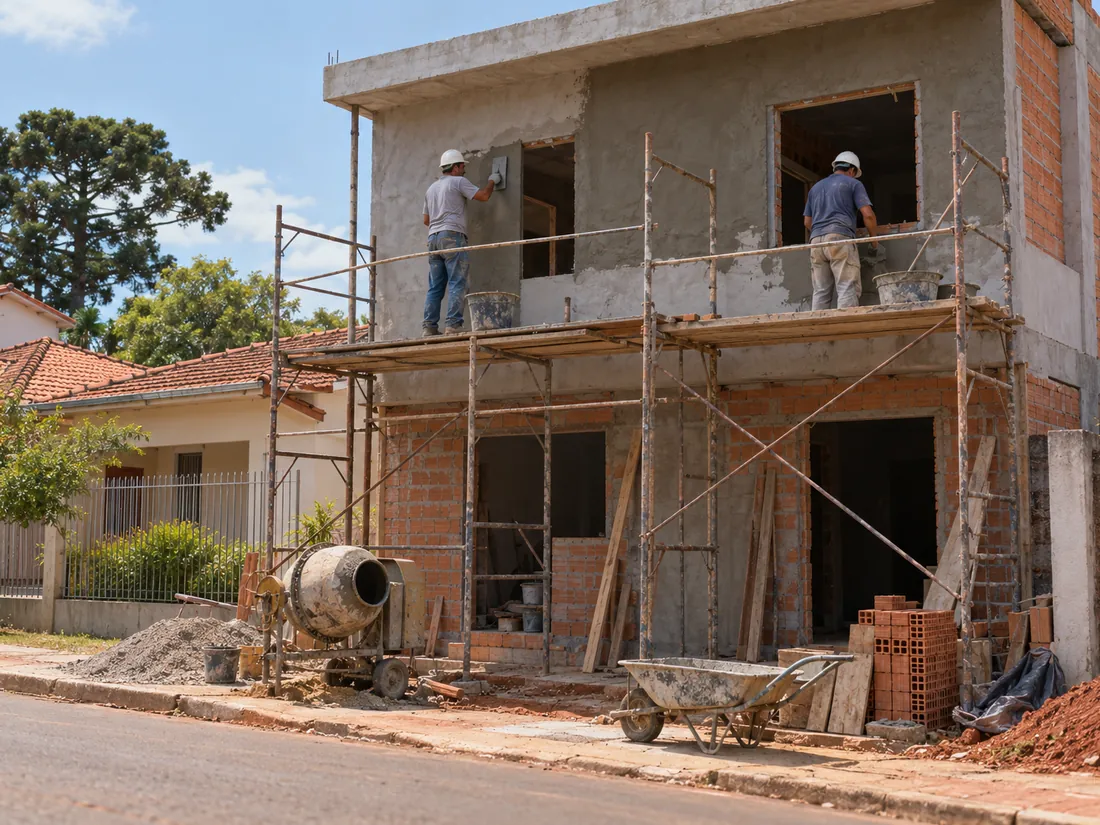 A two-story house under construction, with scaffolding on the facade and two bricklayers in hard hats plastering the upper floor.