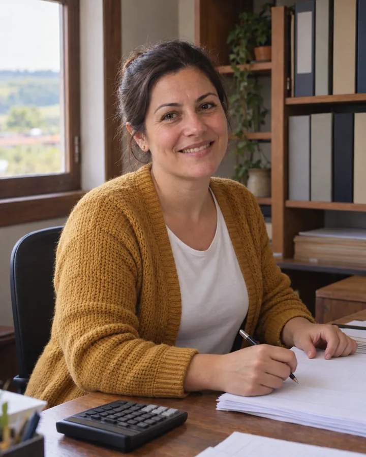 Luciana Weber smiles at her desk, with a calculator and payroll sheets in front of her.