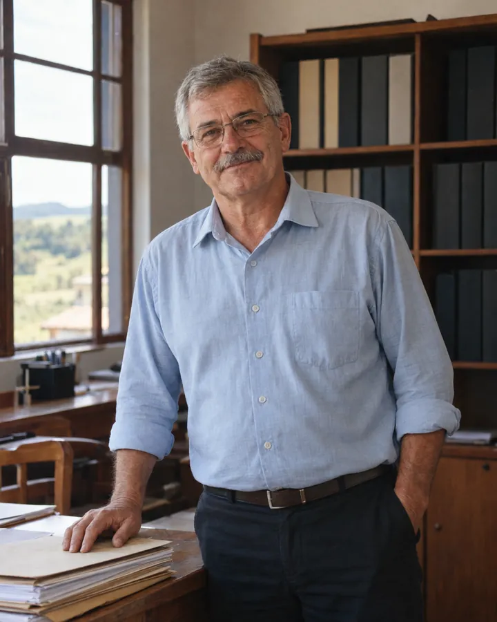 Paulo Dornelles, accountant, in a blue shirt, leaning on the desk with document folders.