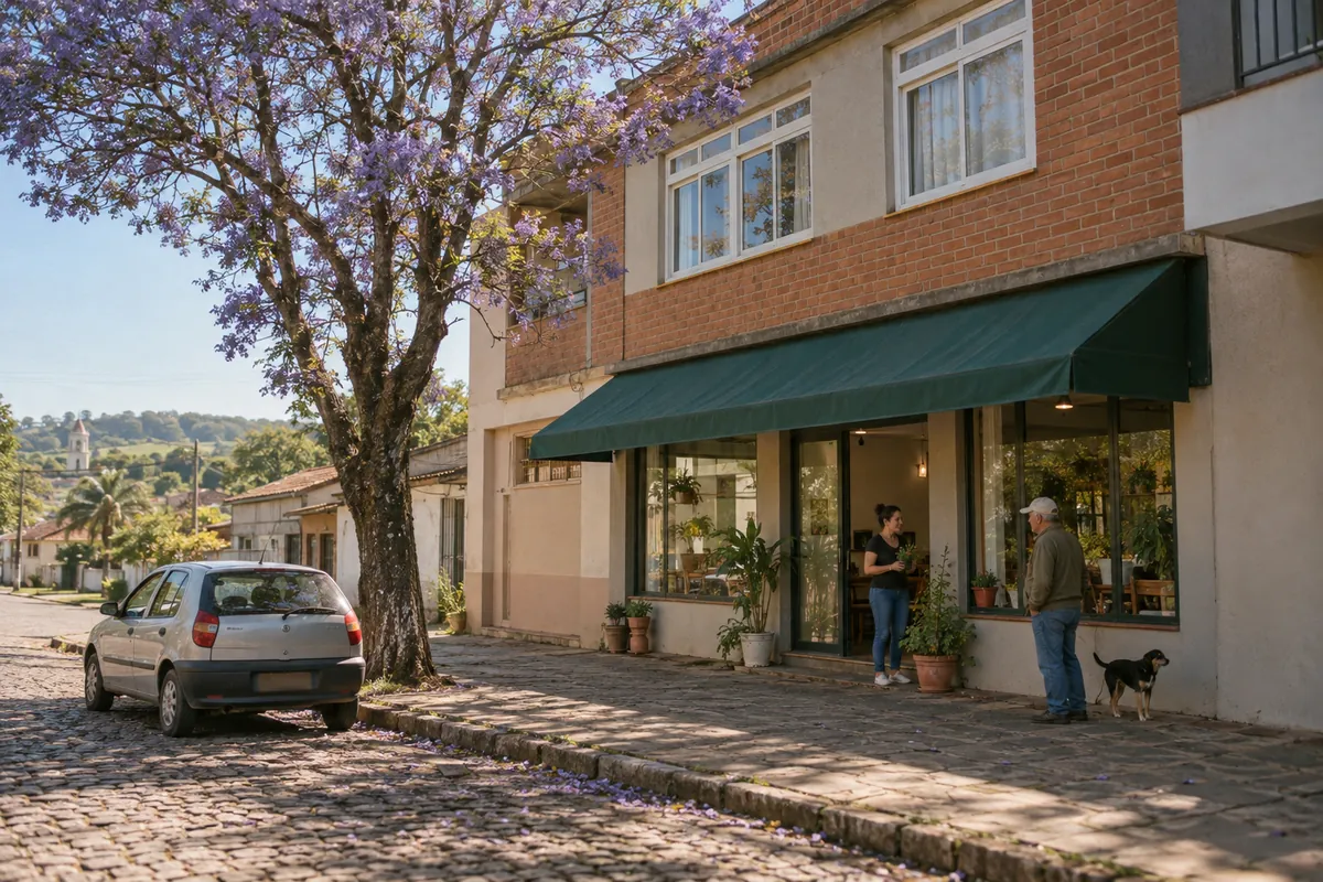 Front of the office building, with a green awning and plant pots at the door, on a cobblestone street.