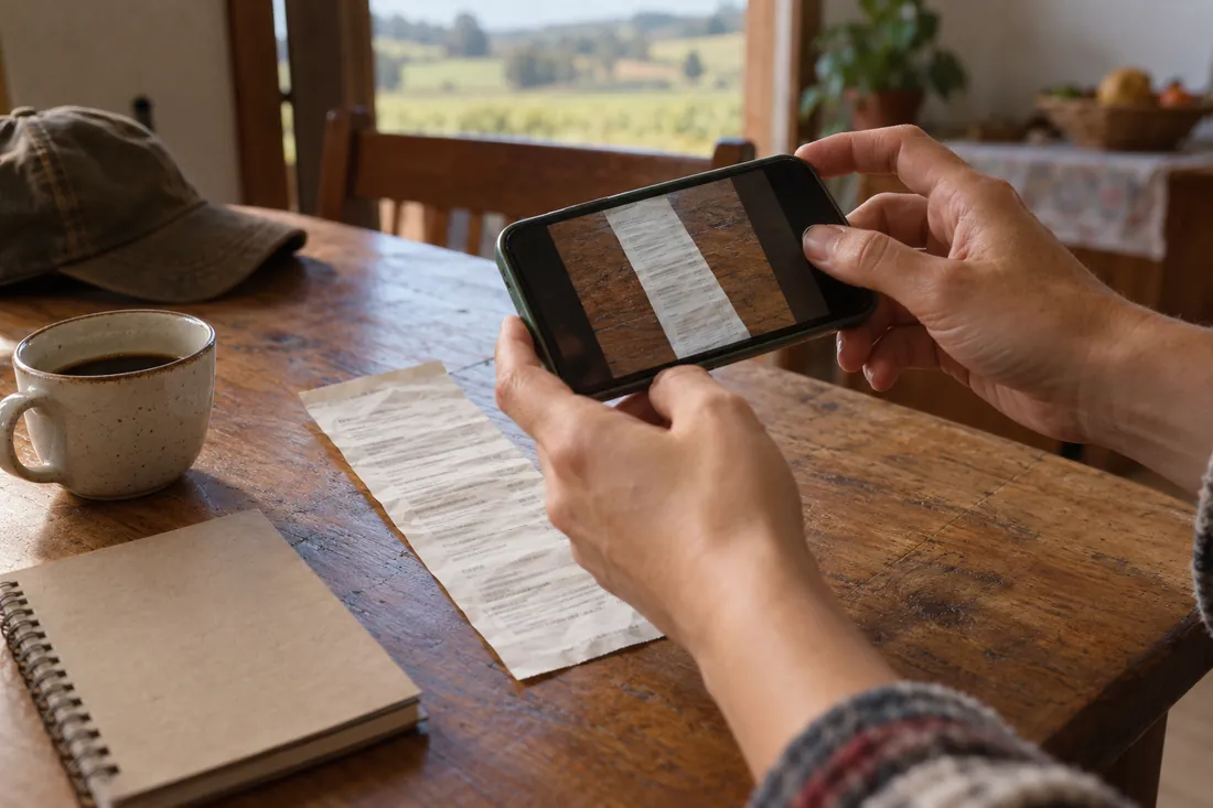 Hands photograph an invoice on a table with a phone, next to a cup of coffee.