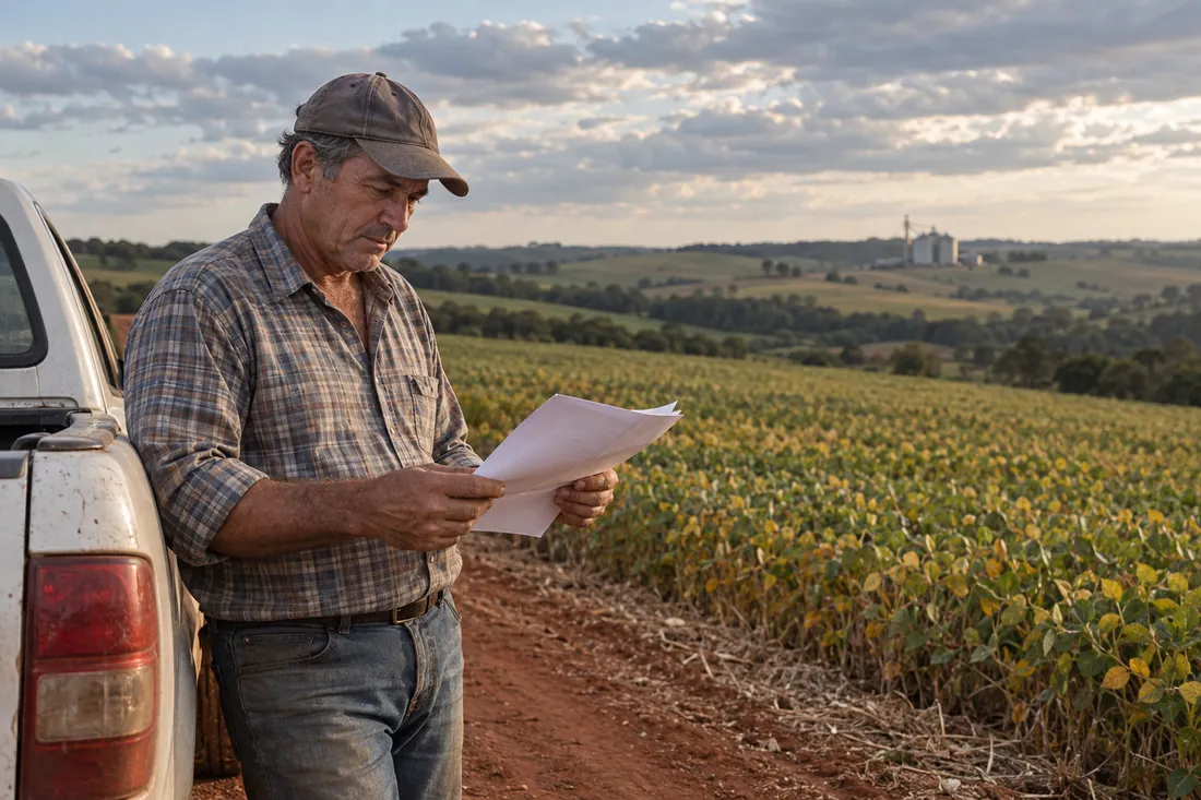 A rural producer reads documents beside a pickup truck, in front of a soybean field.