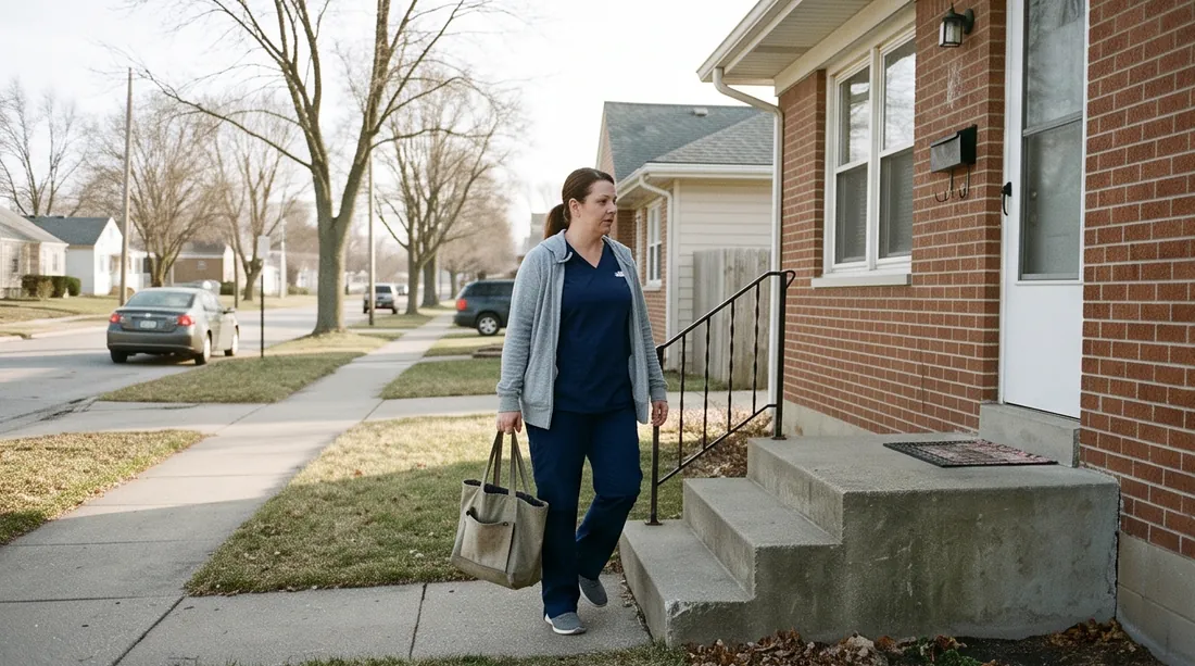 A home care aide walking up the front steps of a brick bungalow in the morning