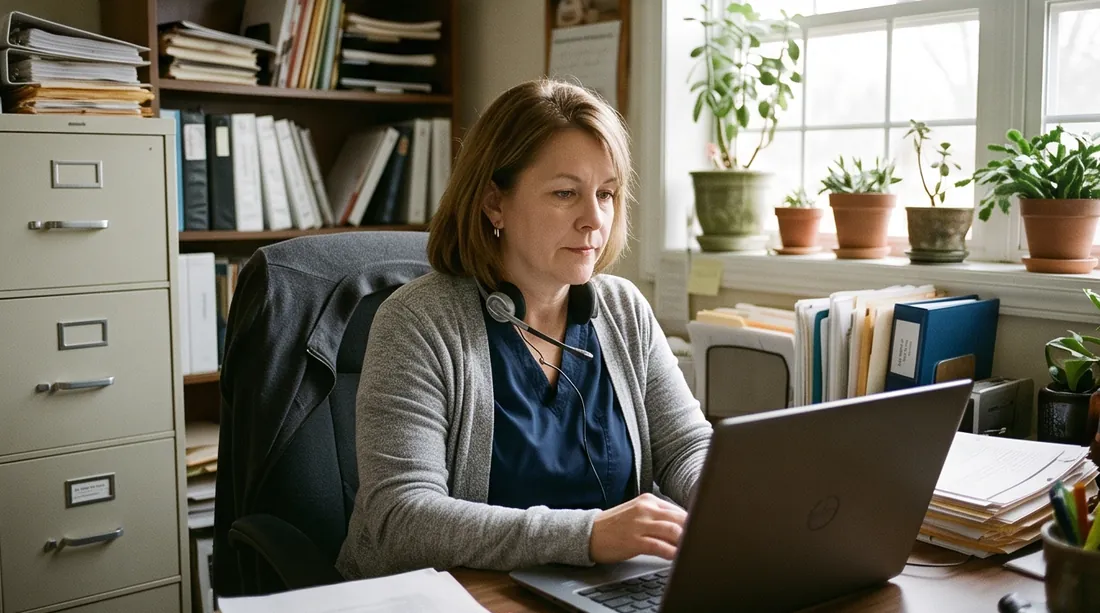 A care coordinator at her desk with a headset around her neck