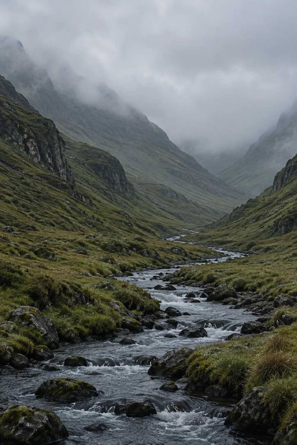 A stream winding through a narrow highland glen under low cloud