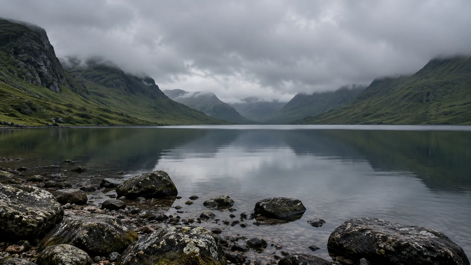 A dark lake under low cloud between green mountains